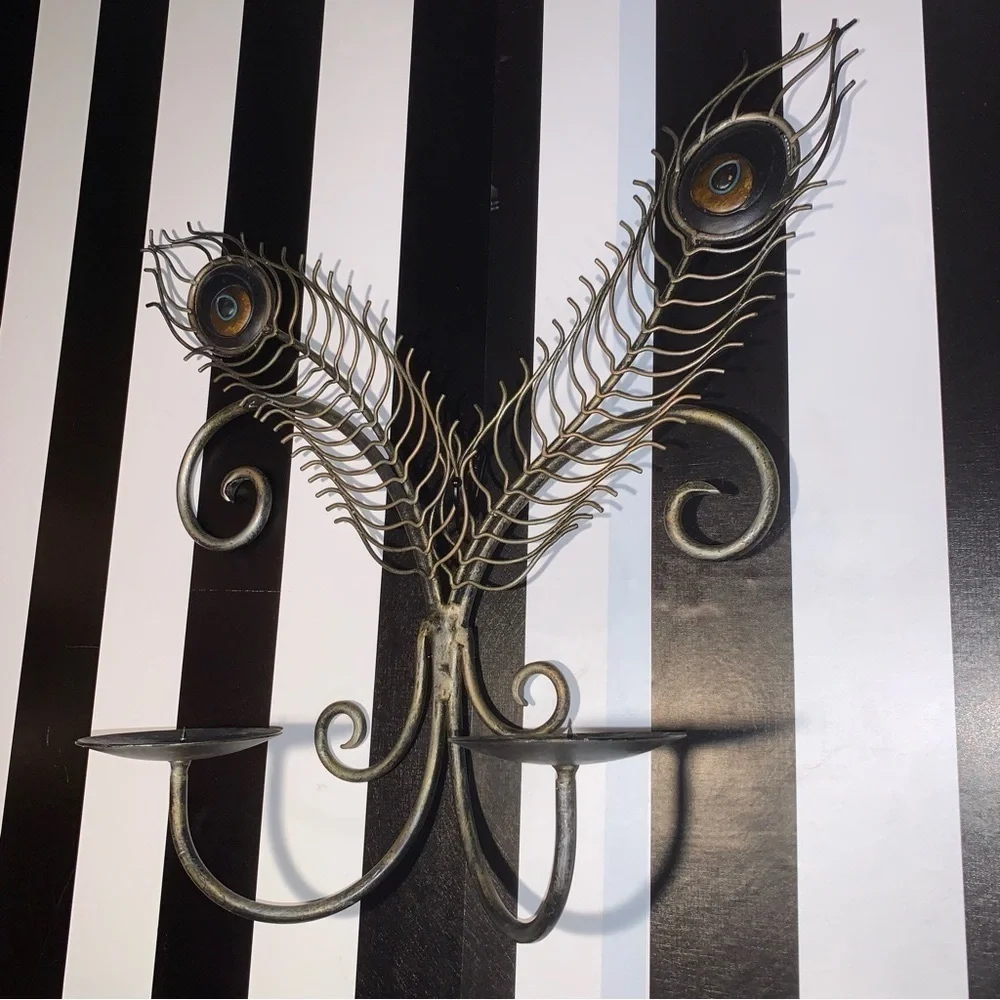 90s Y2K Era Metal Peacock Feather Wall Art Large Candle Holder Pier 1 Imports